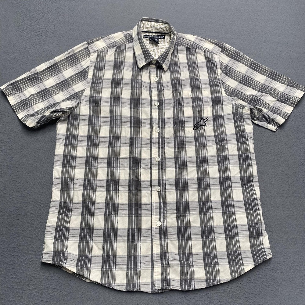 VTG Alpinestars Shirt Mens Large Gray Plaid Short Sleeve‎ Button Up Casual y2k